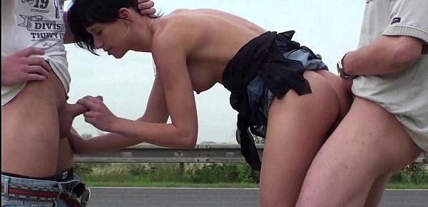  Petite teen girl PUBLIC sex gangbang threesome by a busy highway